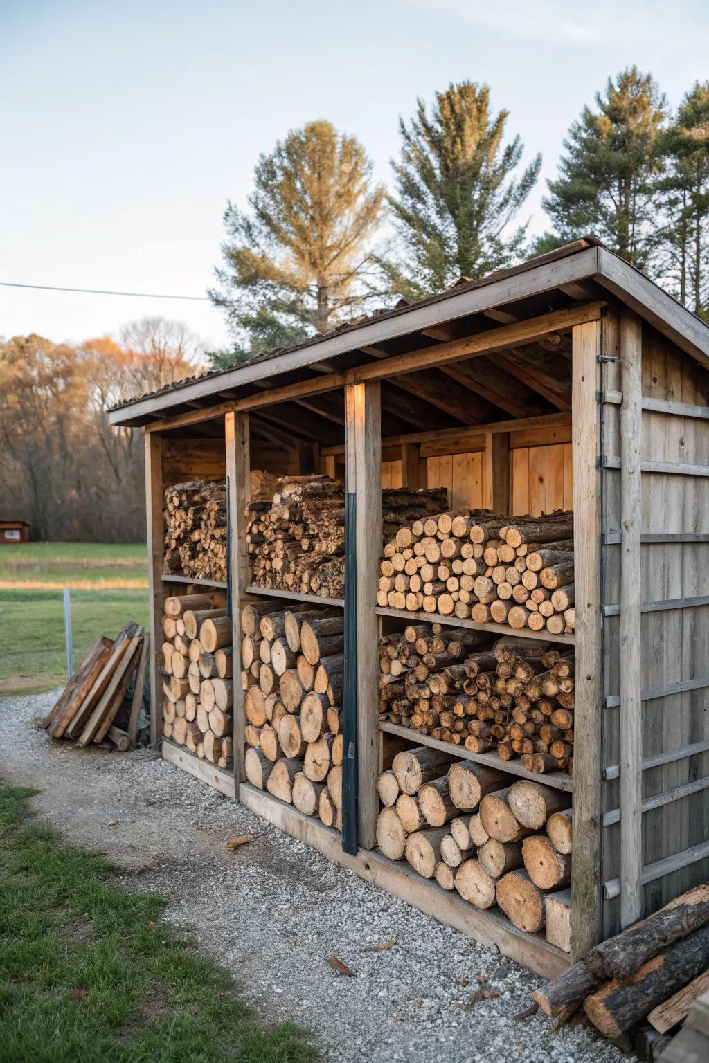 Compartmentalized shed keeps firewood neatly organized.