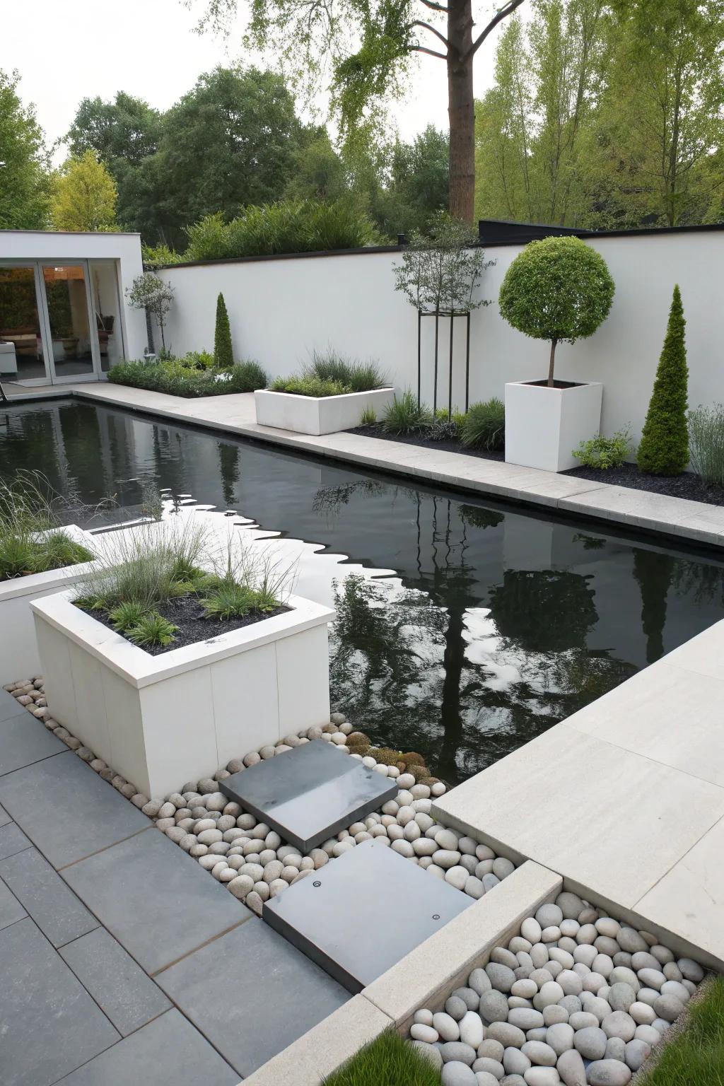 A modern pond with clean lines offers a sleek look