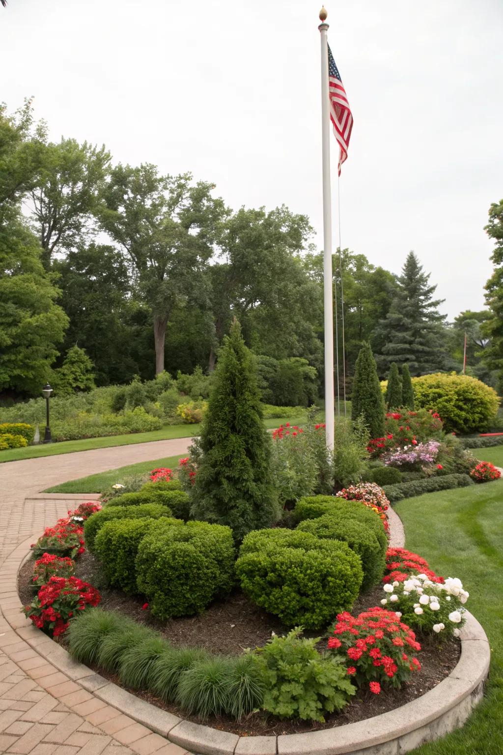 Evergreens keep your flag pole area vibrant all year.