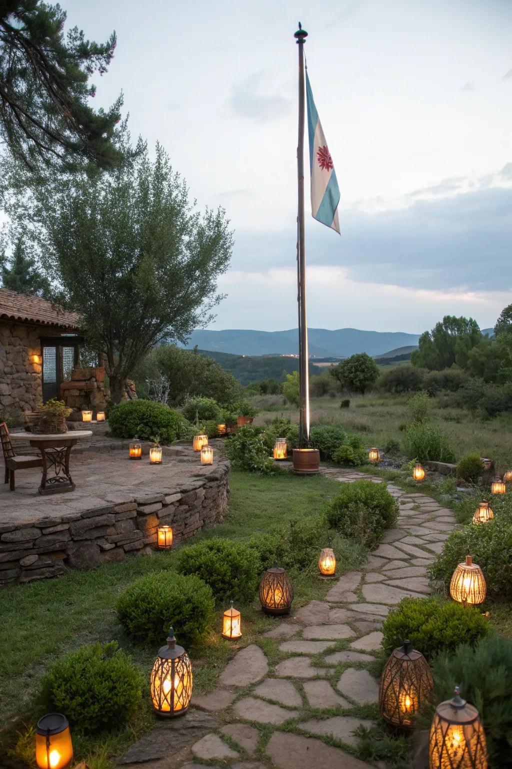 Lanterns add charm and functionality to flagpole lighting.