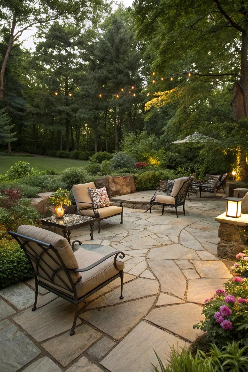 A charming flagstone patio offers a perfect outdoor relaxation spot.