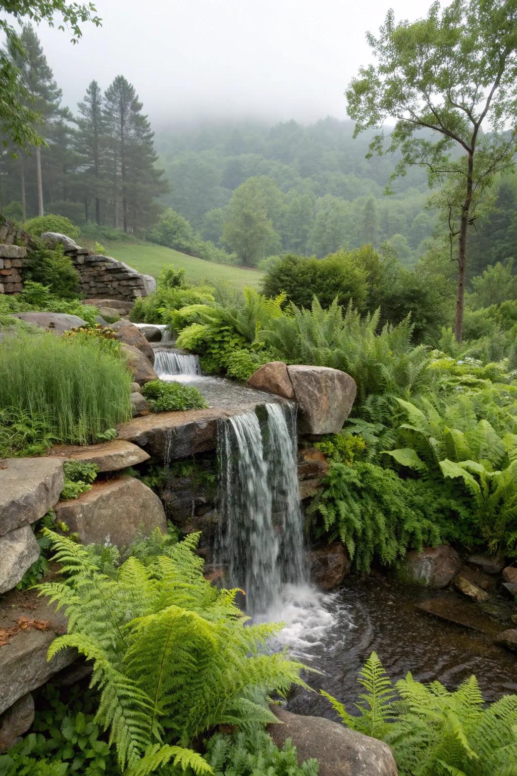 A flagstone waterfall nestled among lush ferns.