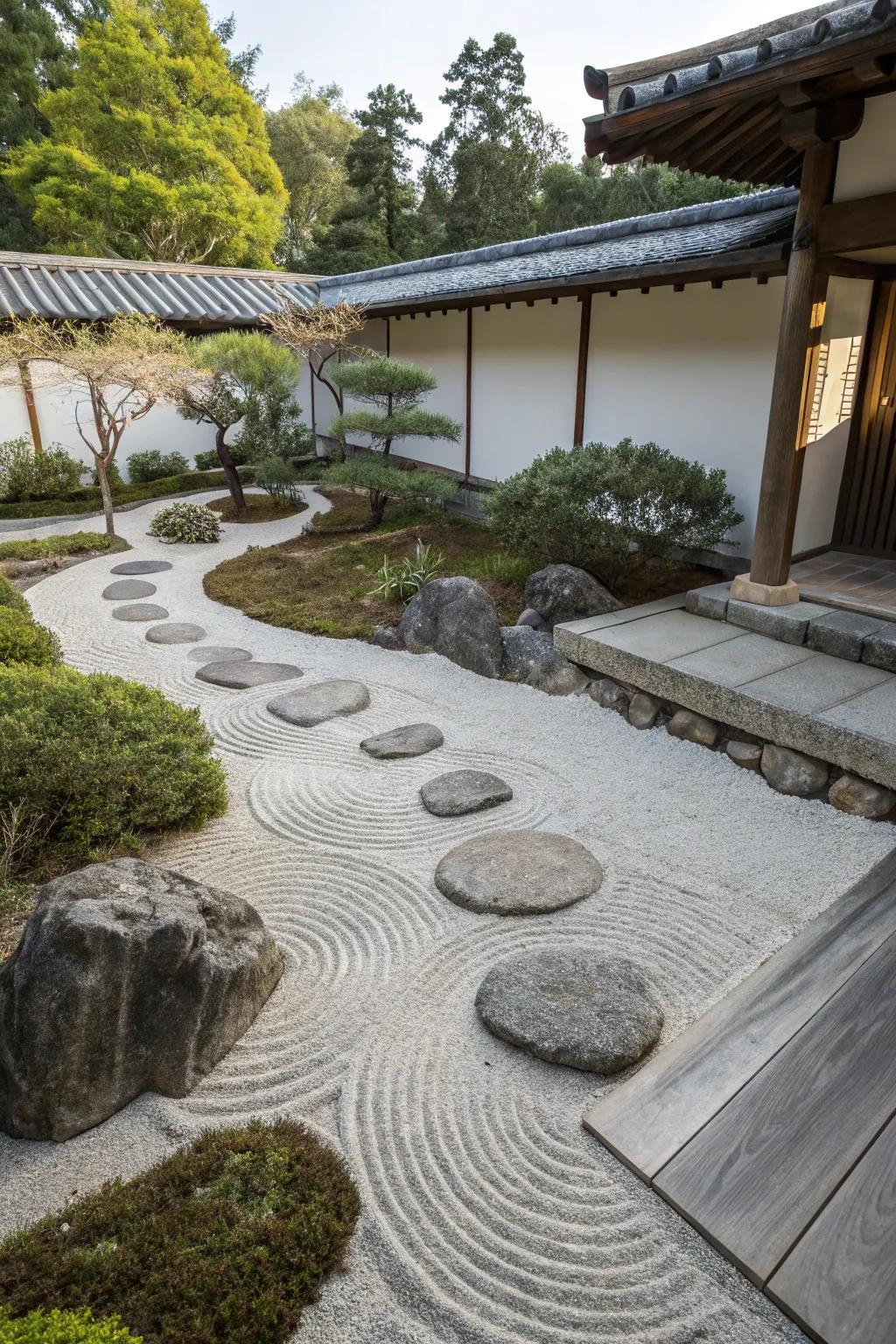A tranquil Zen garden with flat rock elements.