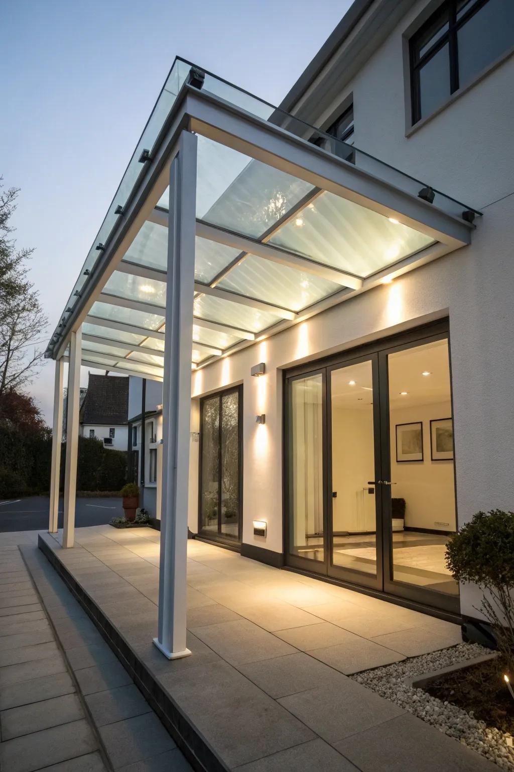 Glass panels add a modern touch to this flat roof portico, allowing natural light to illuminate the space.