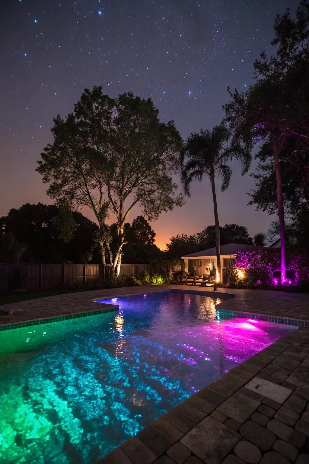 A pool illuminated with vibrant LED lights for evening enjoyment.