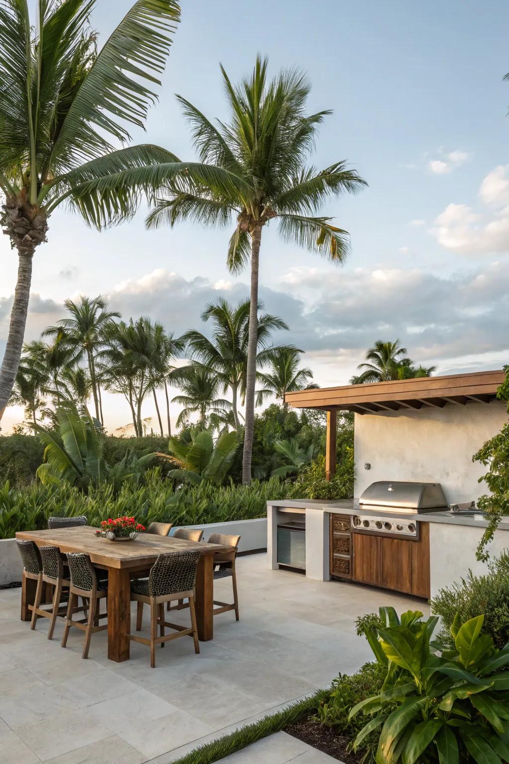 Tropical vegetation creates a lush and inviting atmosphere.