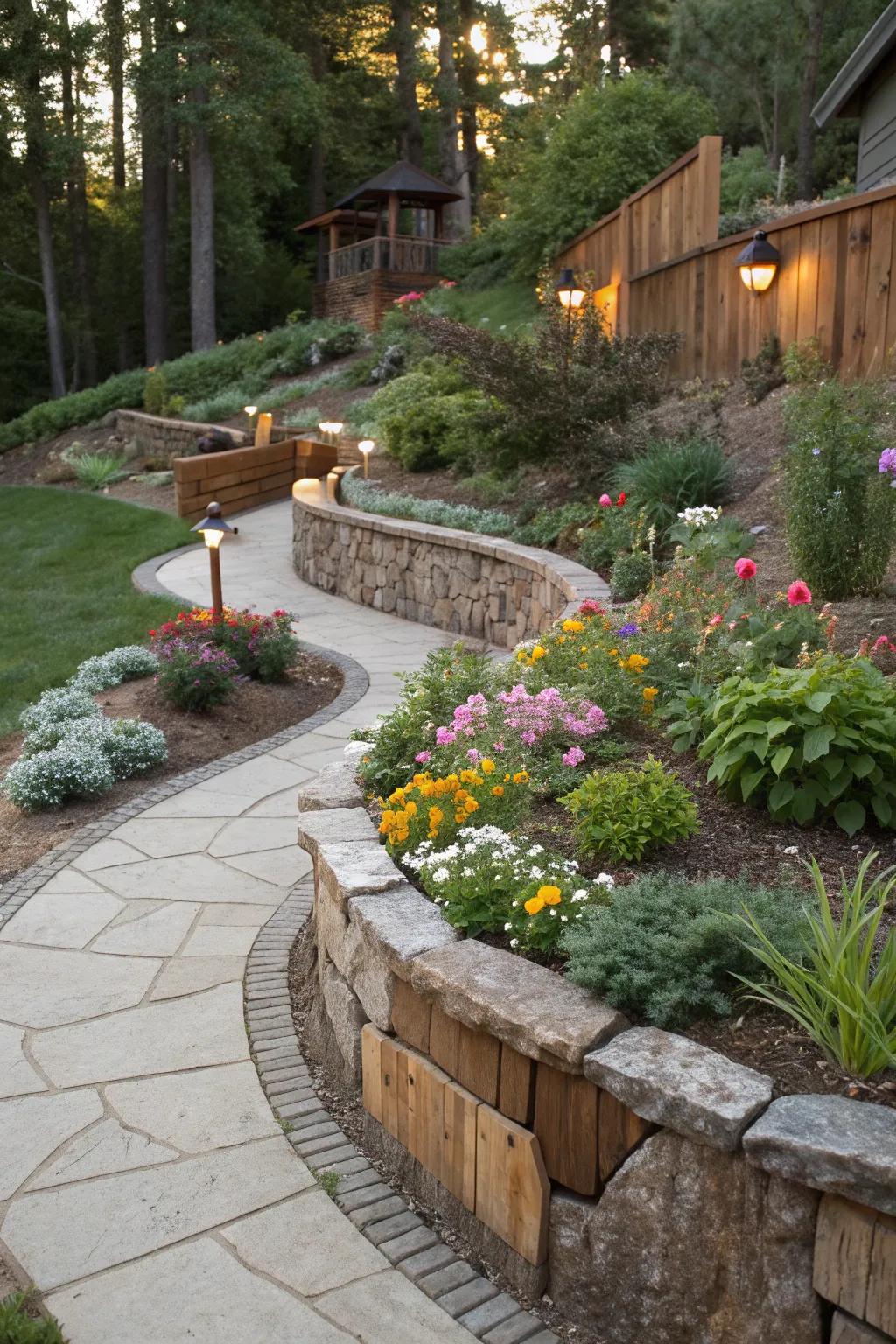 Unique textures with a mix of materials for flower bed edging.