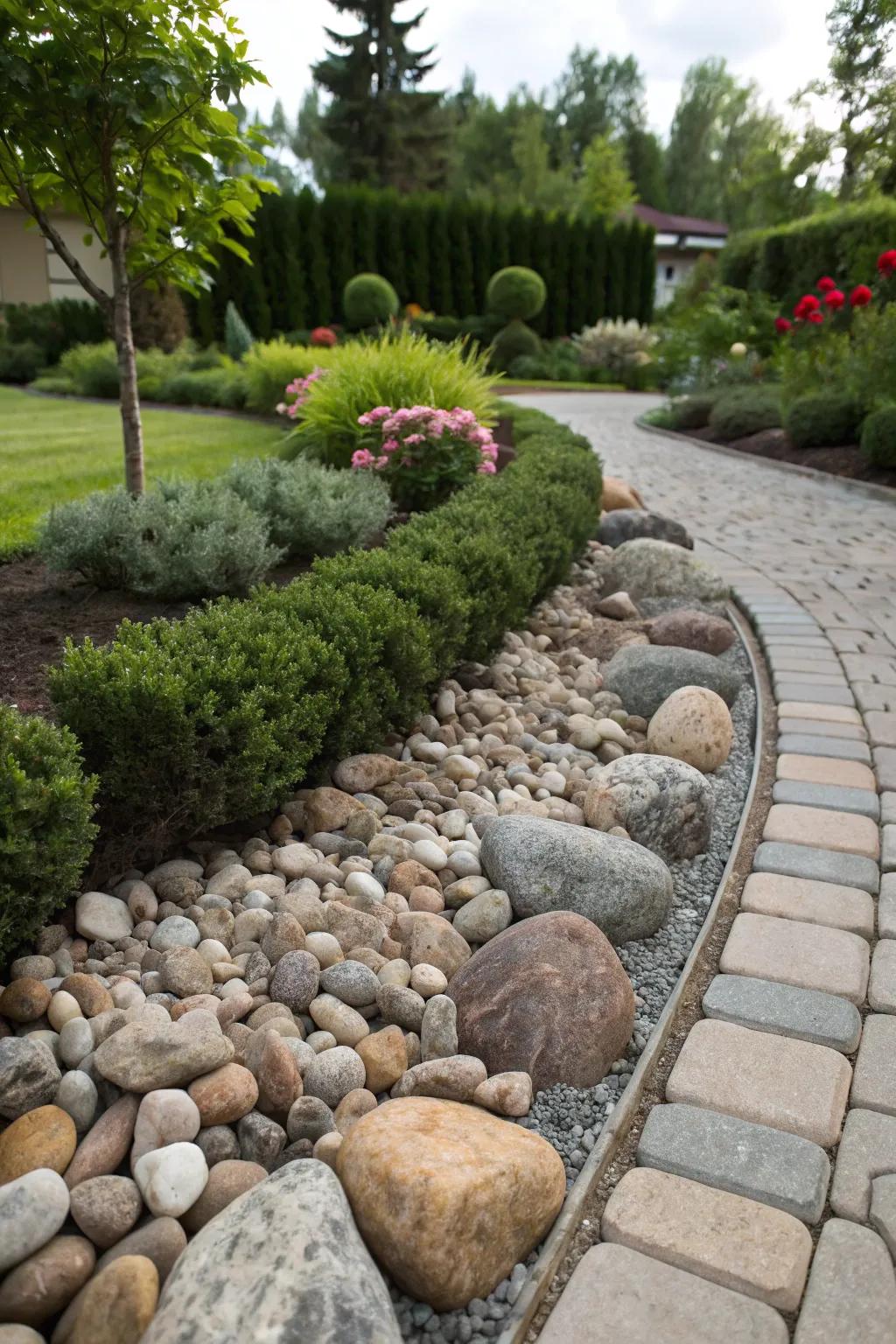 A mix of stone types adding texture to garden borders.