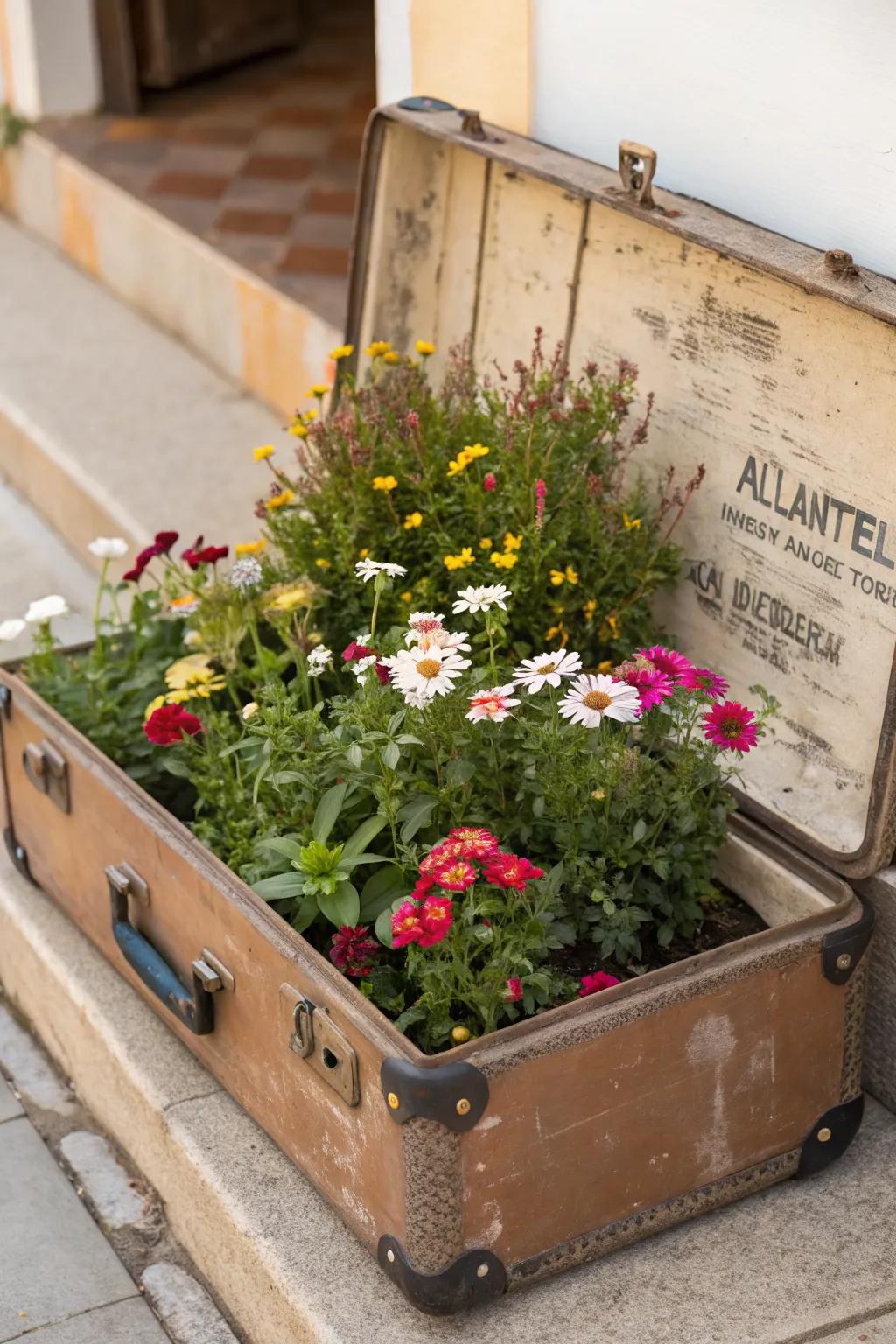 Repurpose unique containers for unexpected planters.