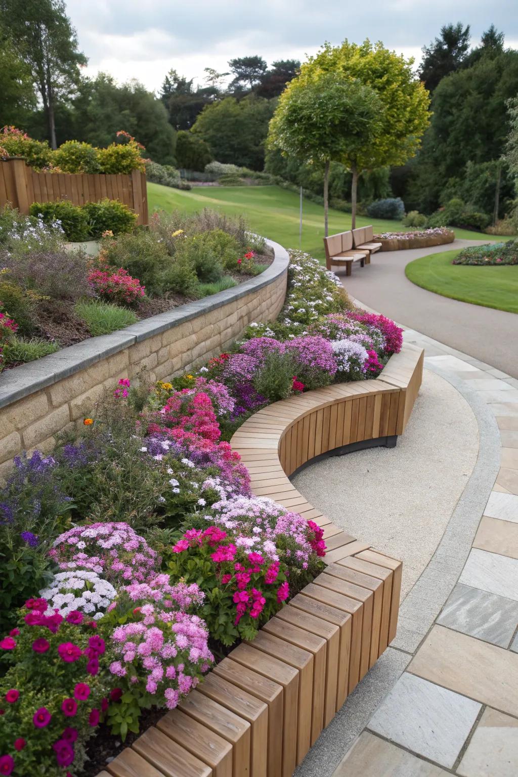 Integrated seating offers a cozy spot to relax amidst your flowers.