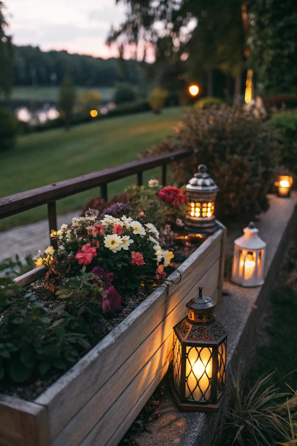 Lanterns nestled in flower boxes create an enchanting evening ambiance.