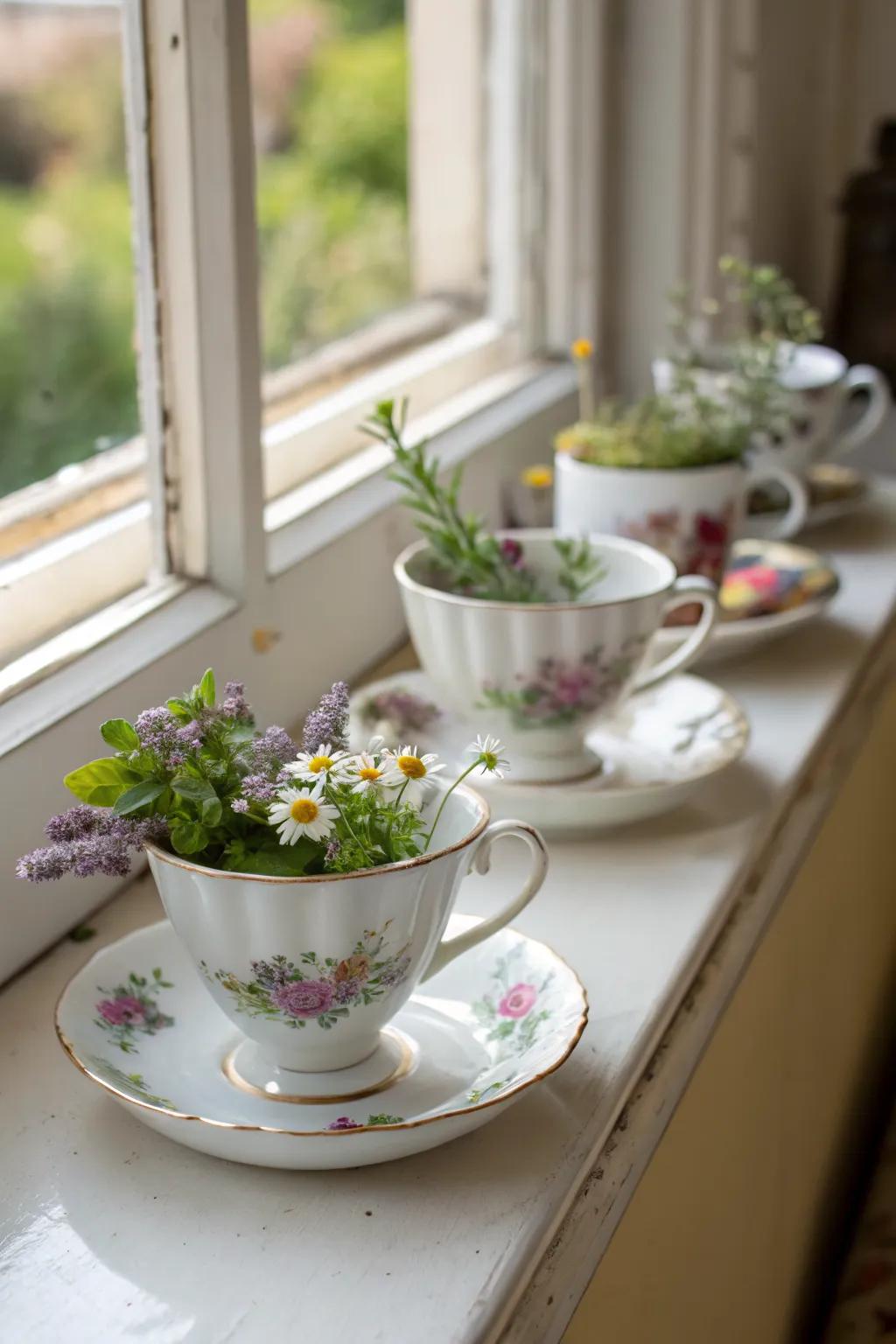 Teacups bring charm to indoor gardens.
