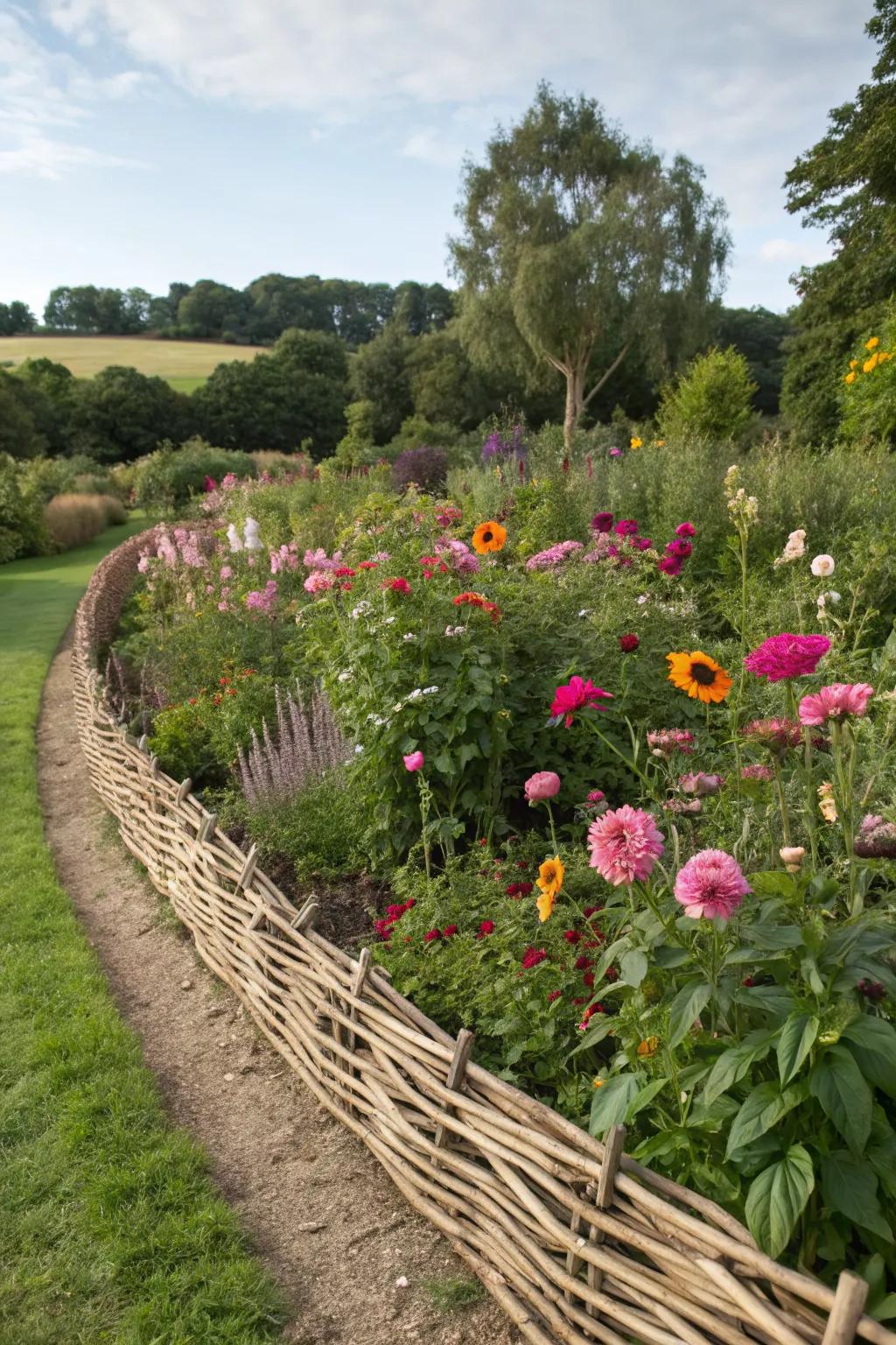 Woven willow creates a natural and adaptable garden edge.