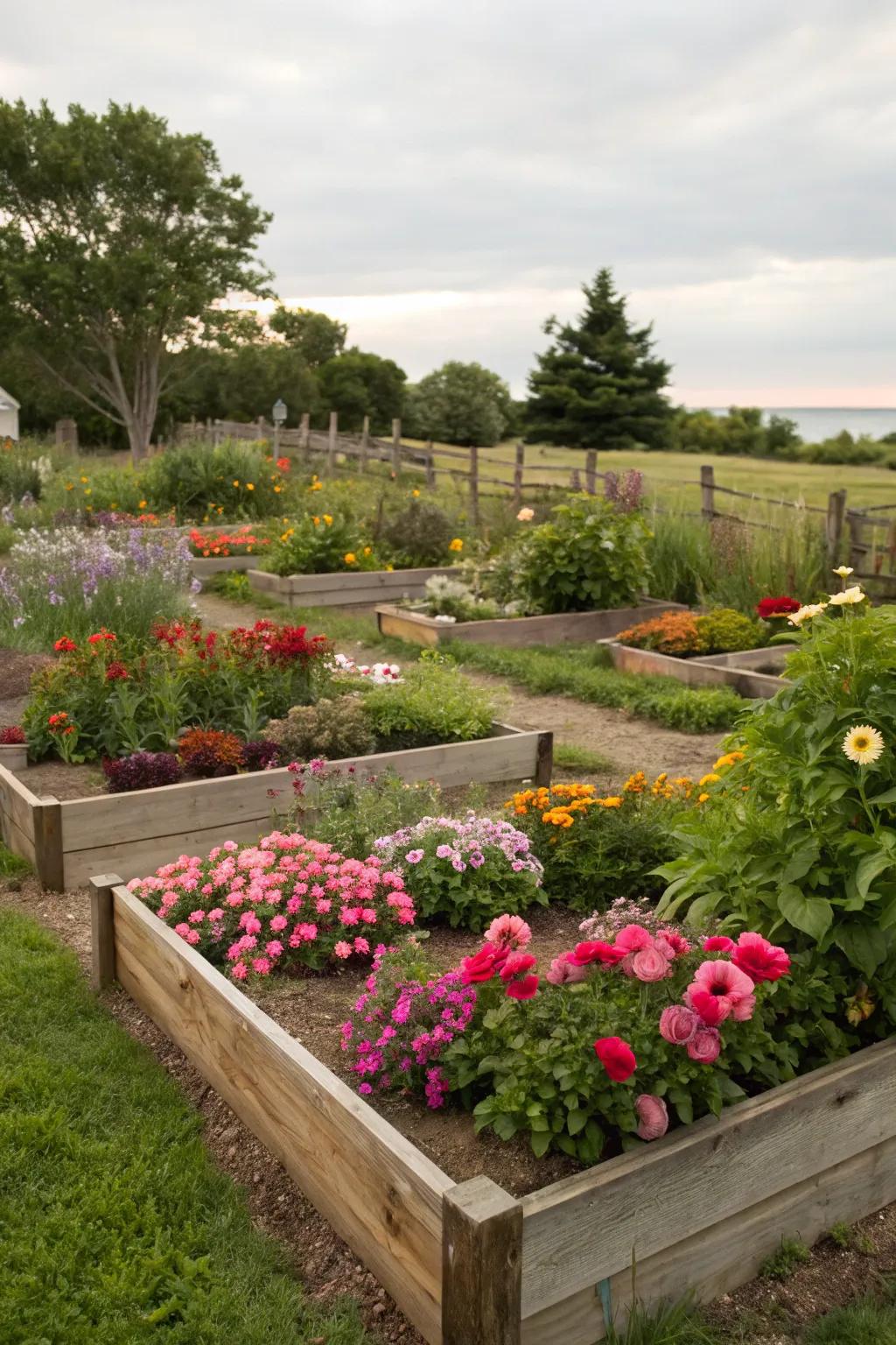 Organized raised garden beds filled with vibrant flowers.