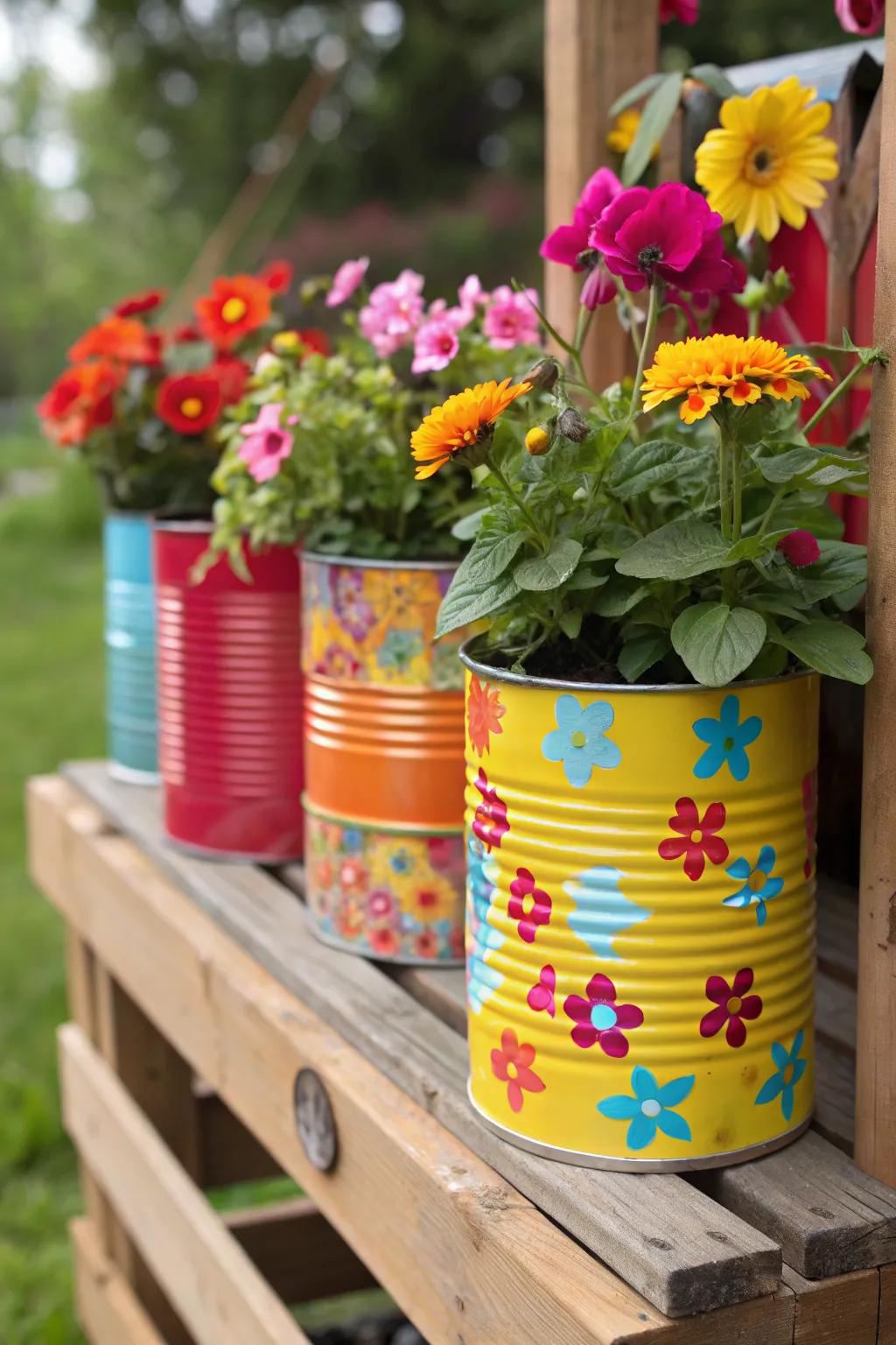 Upcycled tin cans add charm and color to a flower stand.