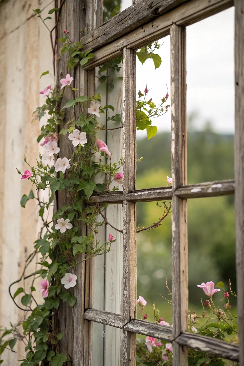 Window frame trellises offer vintage charm.