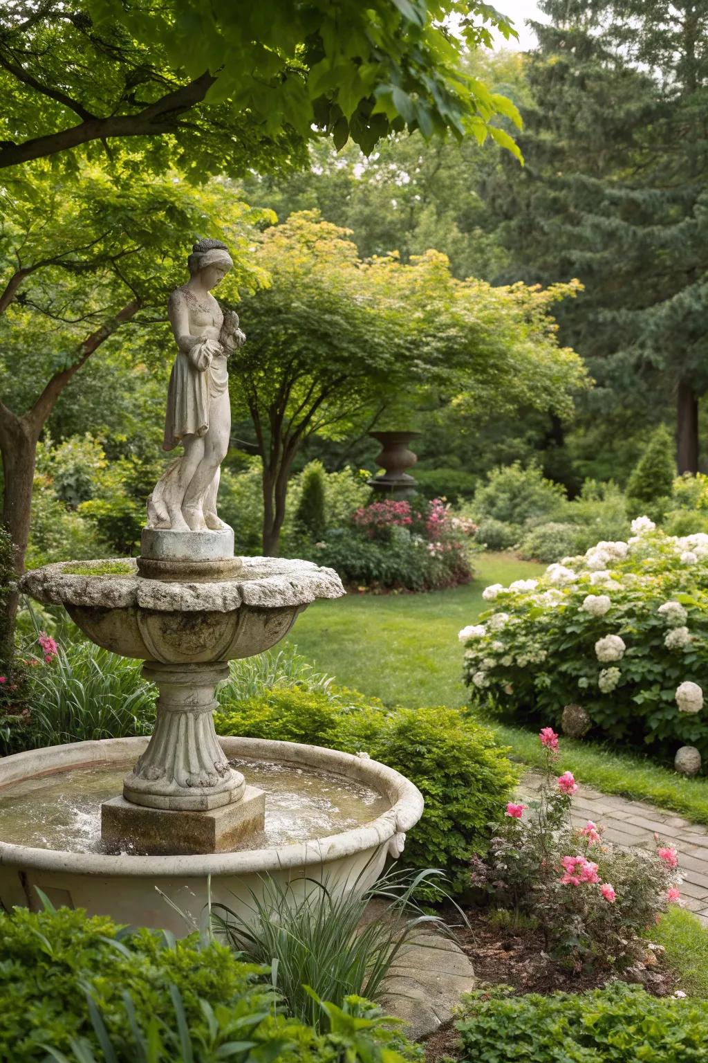 Classical statues at the base add an artistic and historic touch.