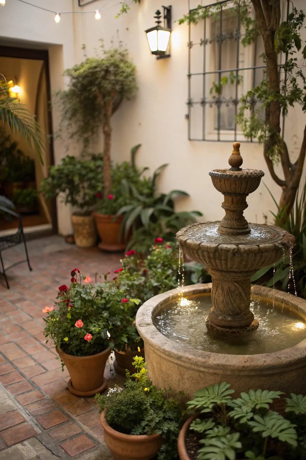 A cozy patio with a mini fountain and lush potted plants.