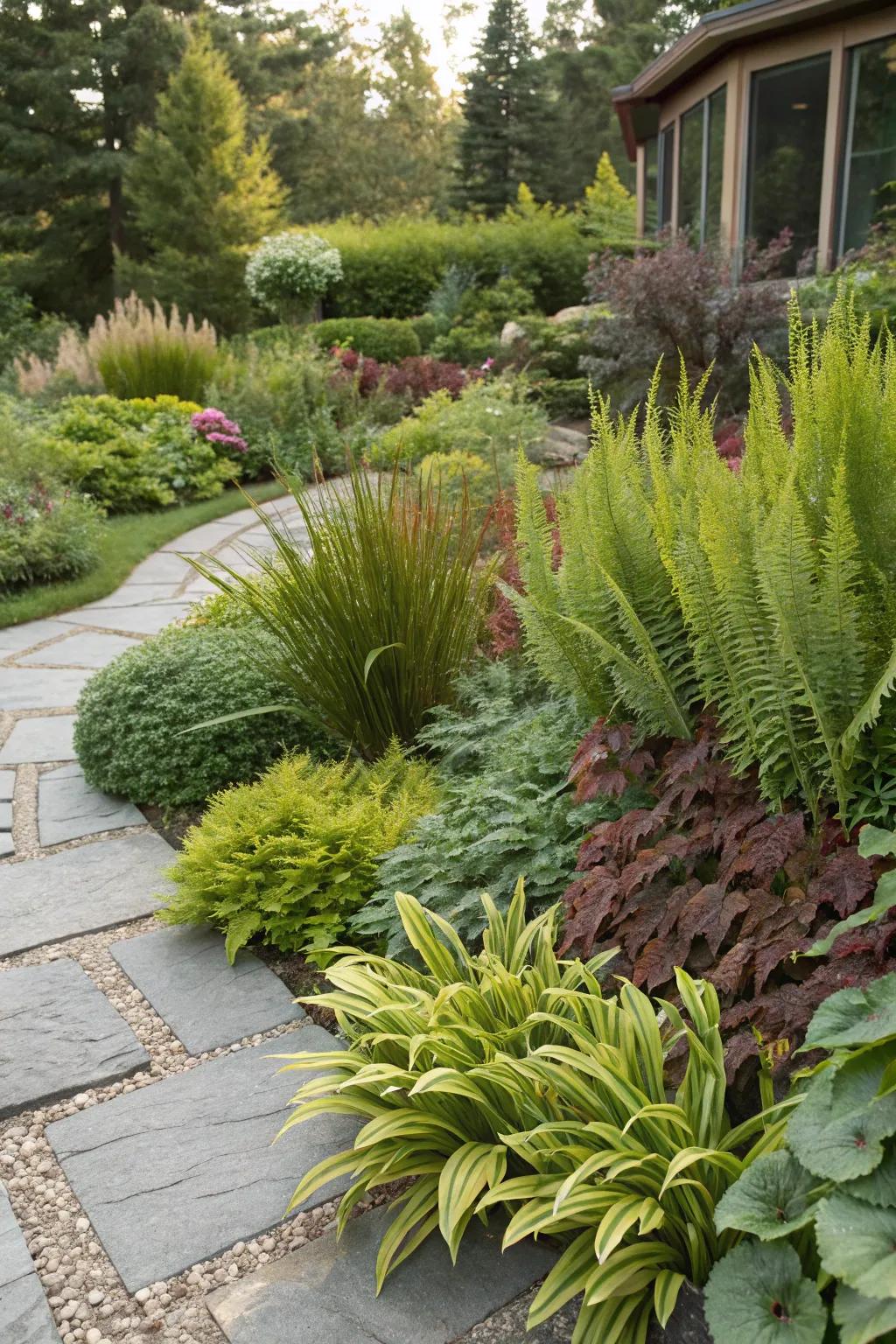 Achieve a dynamic garden with a mix of textures including foxtail ferns.