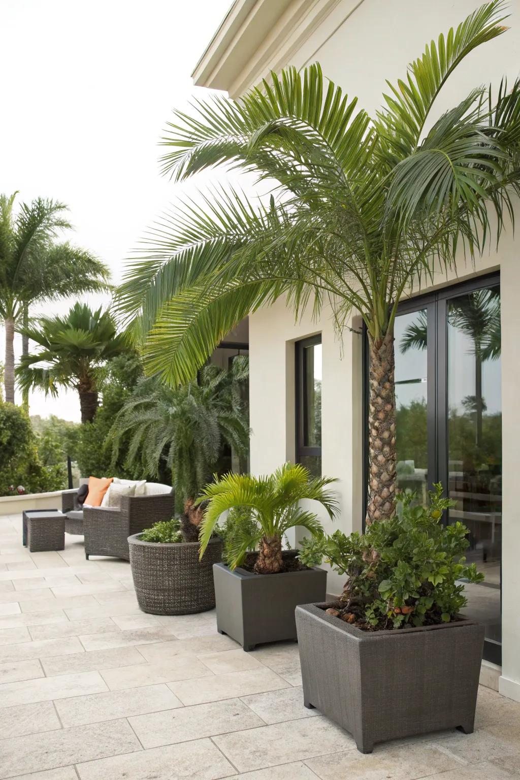 Versatile container gardening with foxtail palms.