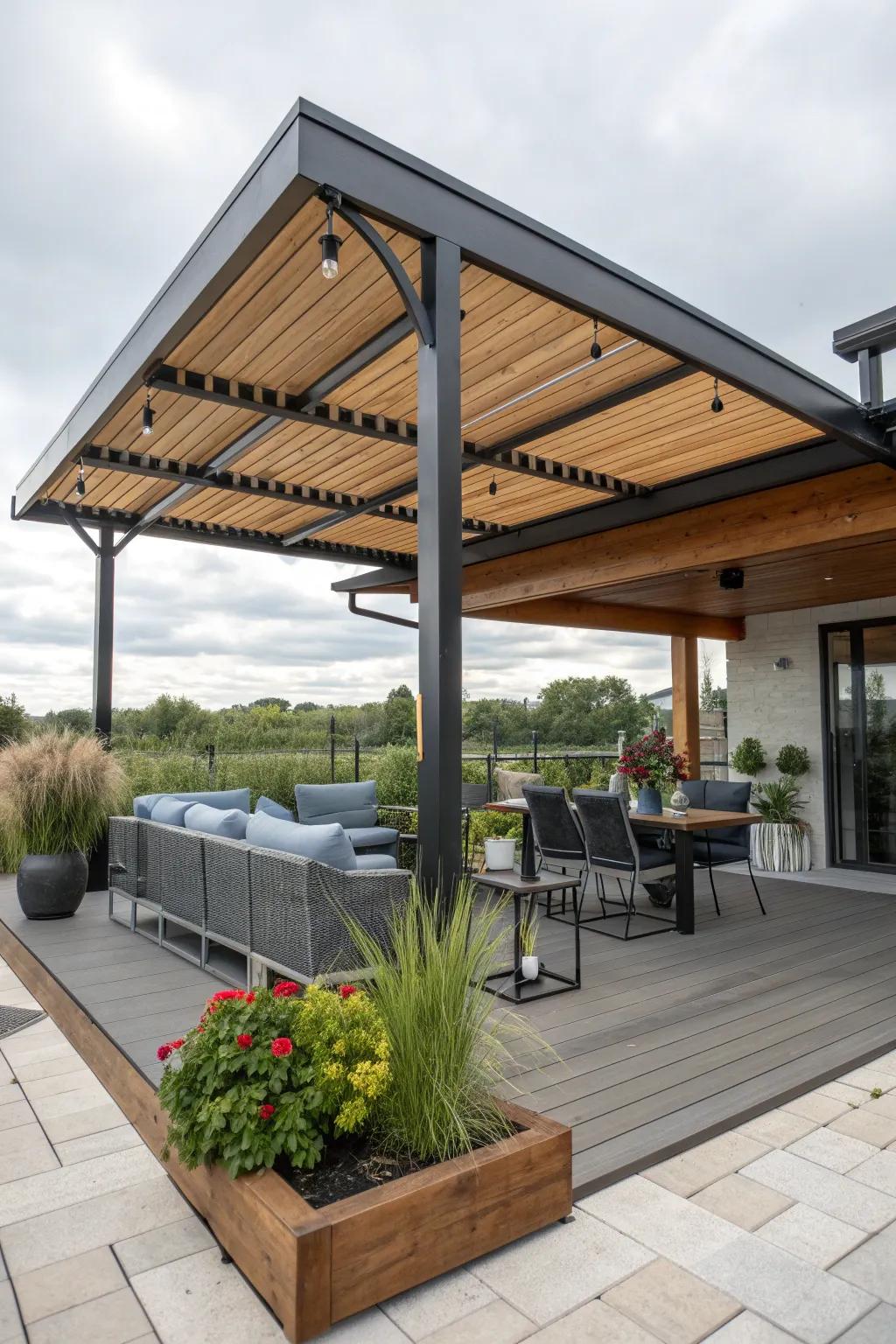 A mixed materials patio cover combining modern textures.