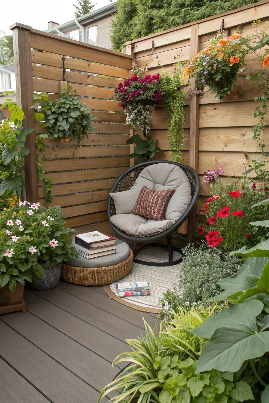 Find solace in a secret garden deck corner.