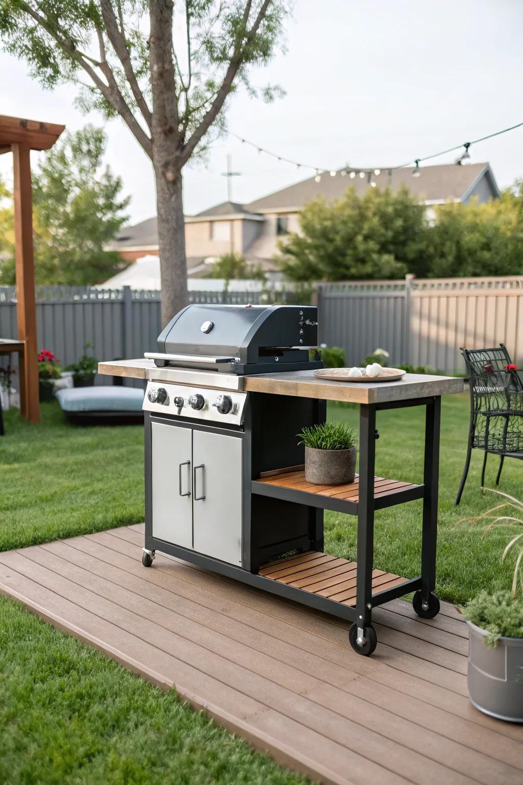 A portable grill cart offers mobility and convenience.