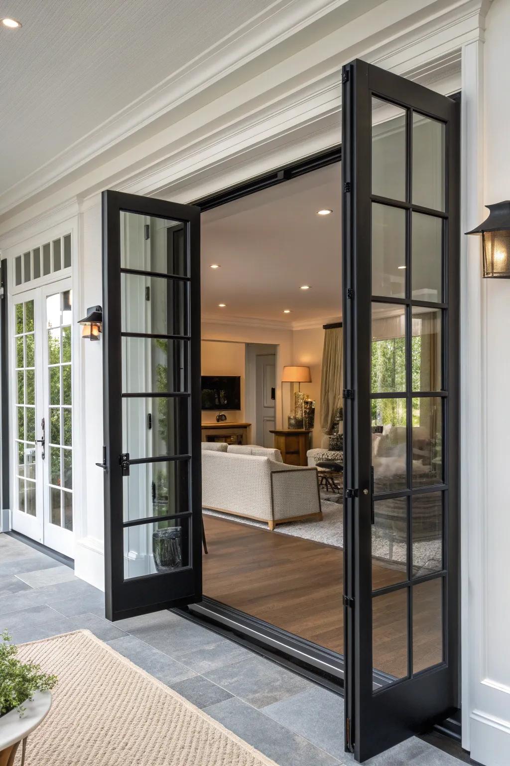 Black screens add a dramatic flair to French doors.