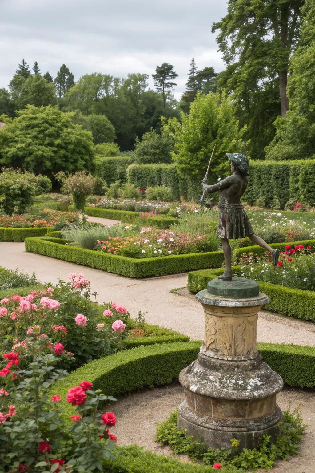 Sculptures add charm and intrigue to the garden.