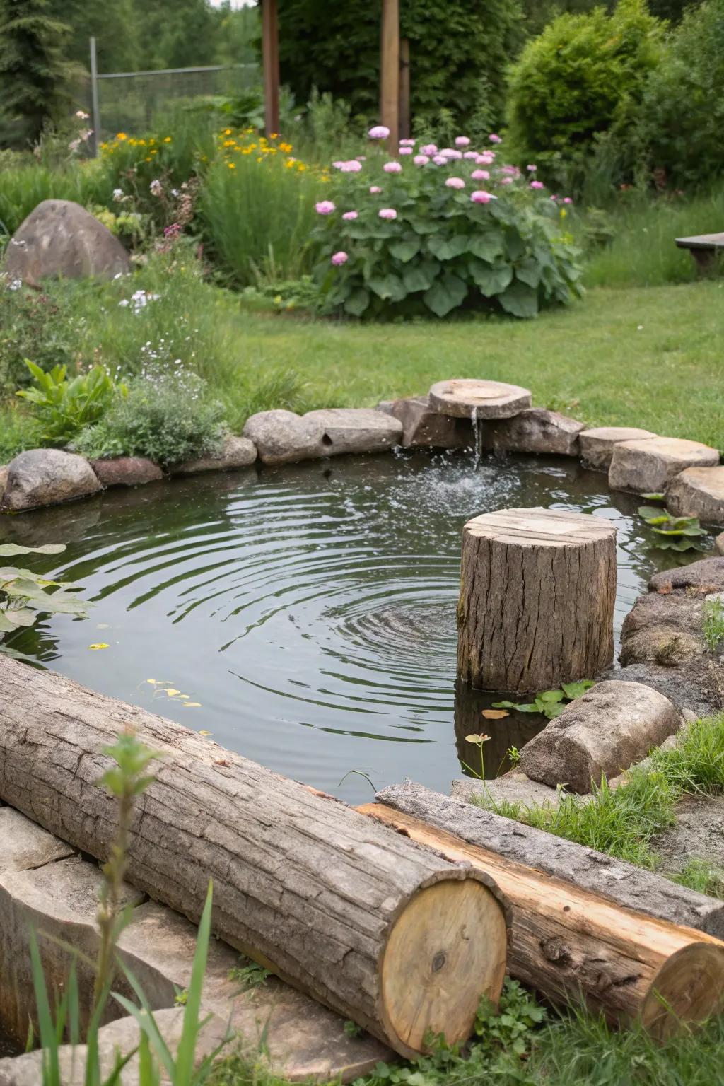 Logs offer shelter and enhance the pond's natural look.