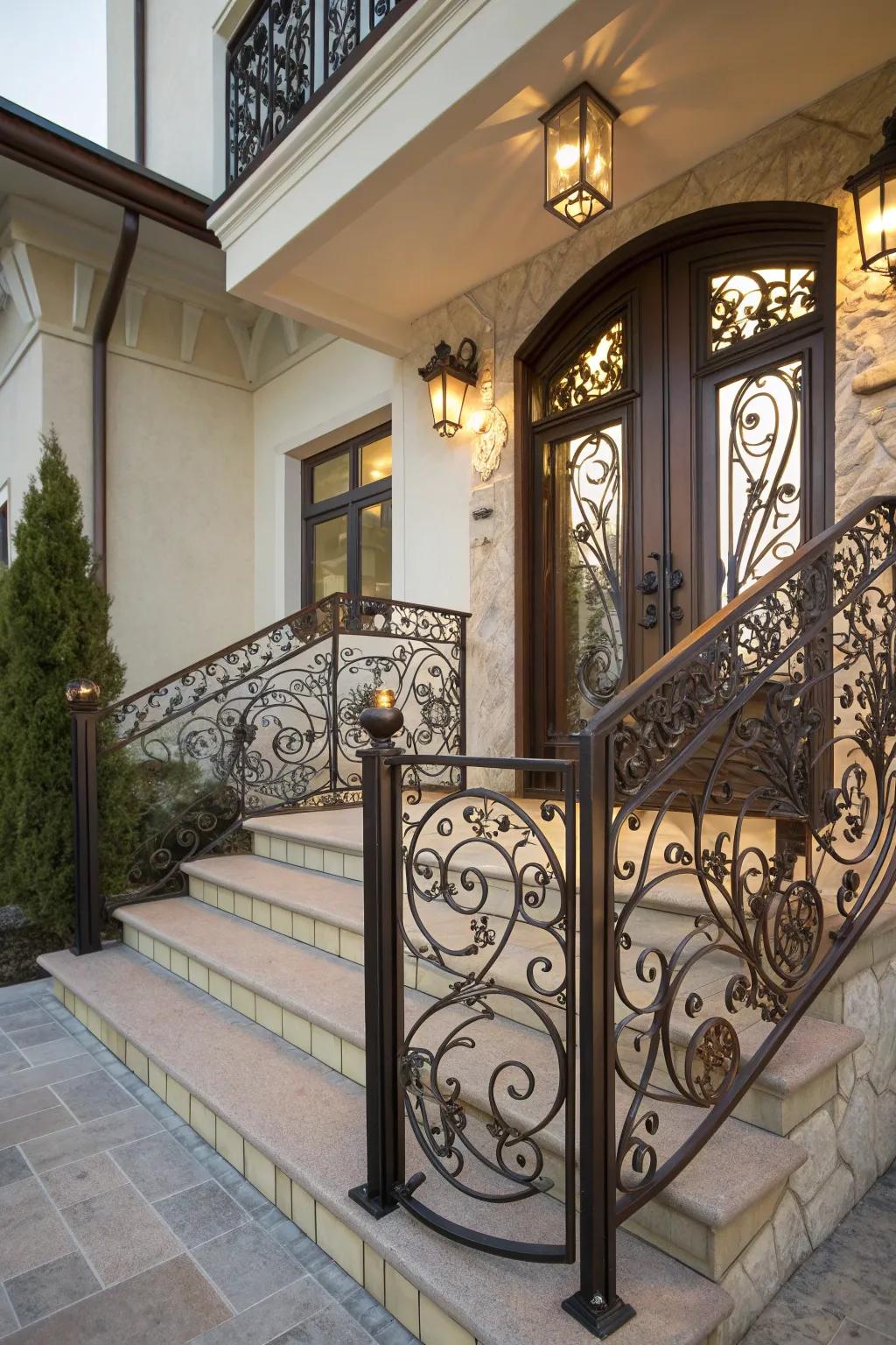 A front door landing enhanced by unique and artistic railing designs.
