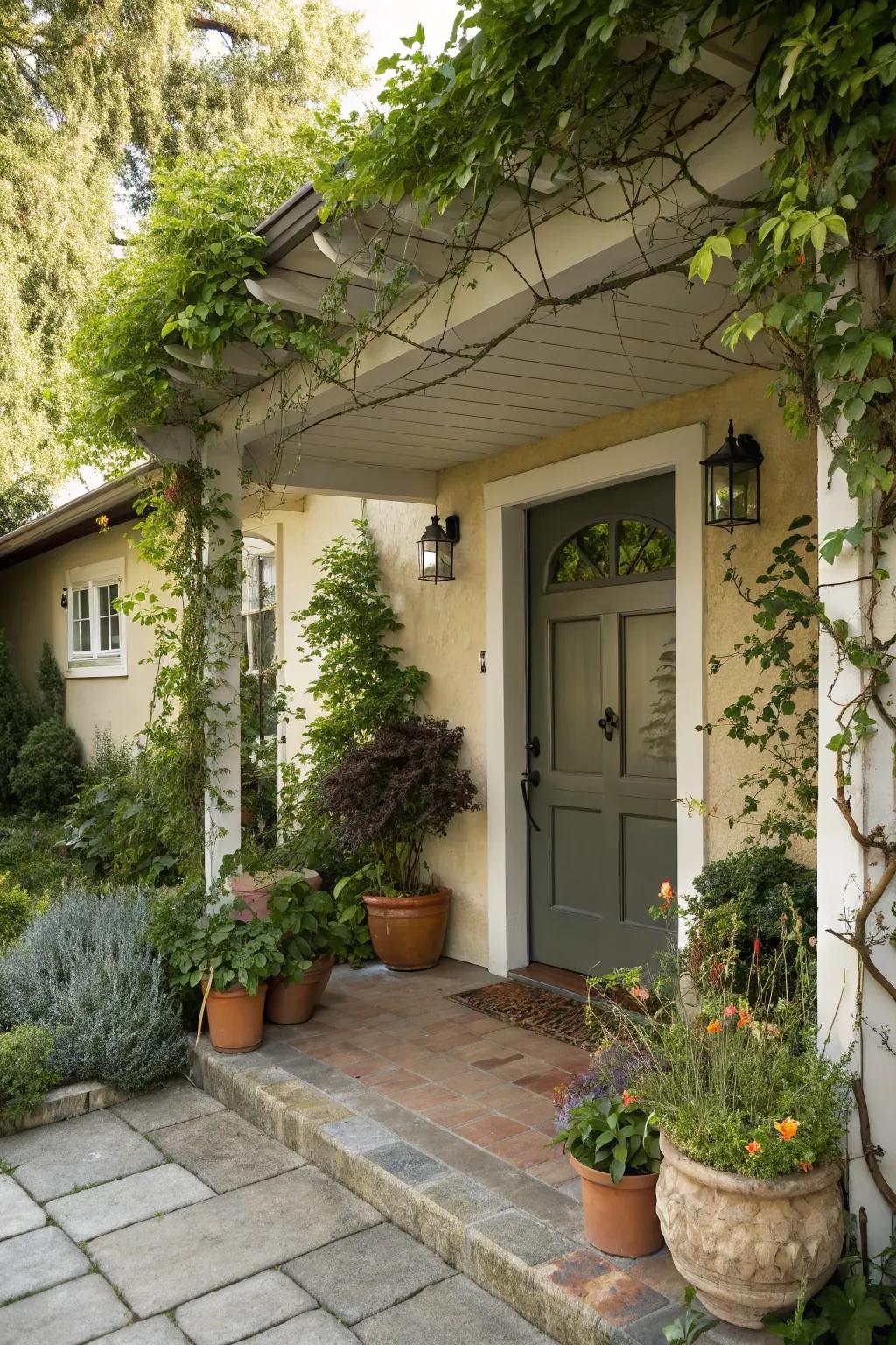 A front door overhang adorned with lush plant decor.