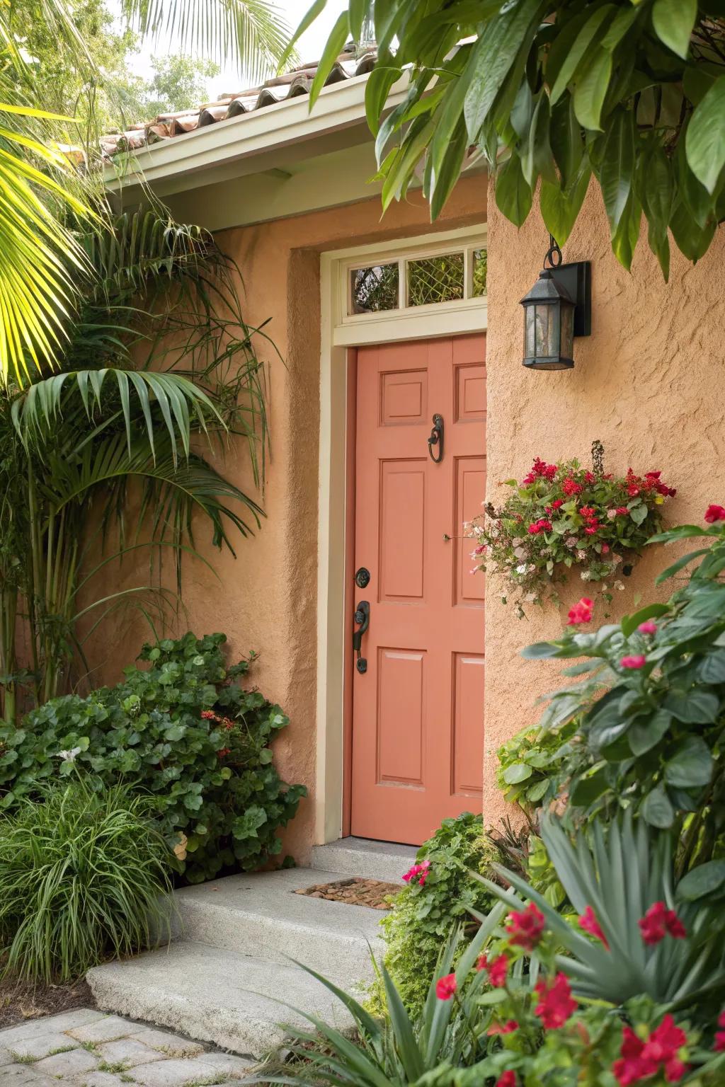 Cheerful coral front door making a bold statement.