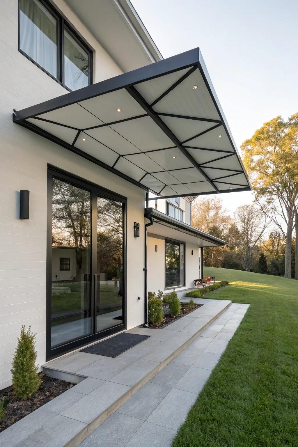 A geometric awning makes a bold statement at this entrance.