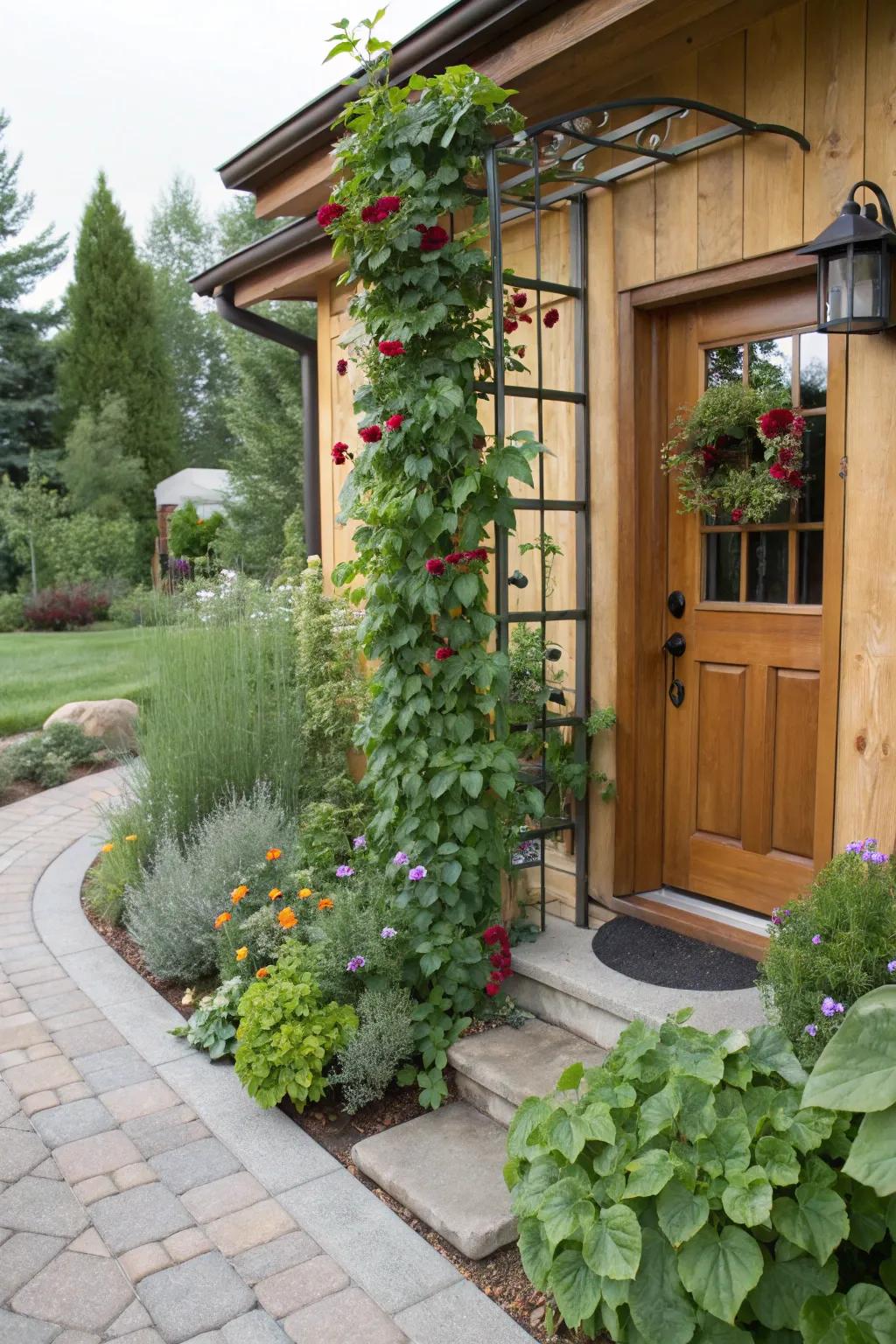 Vertical garden trellis adding greenery and utility.