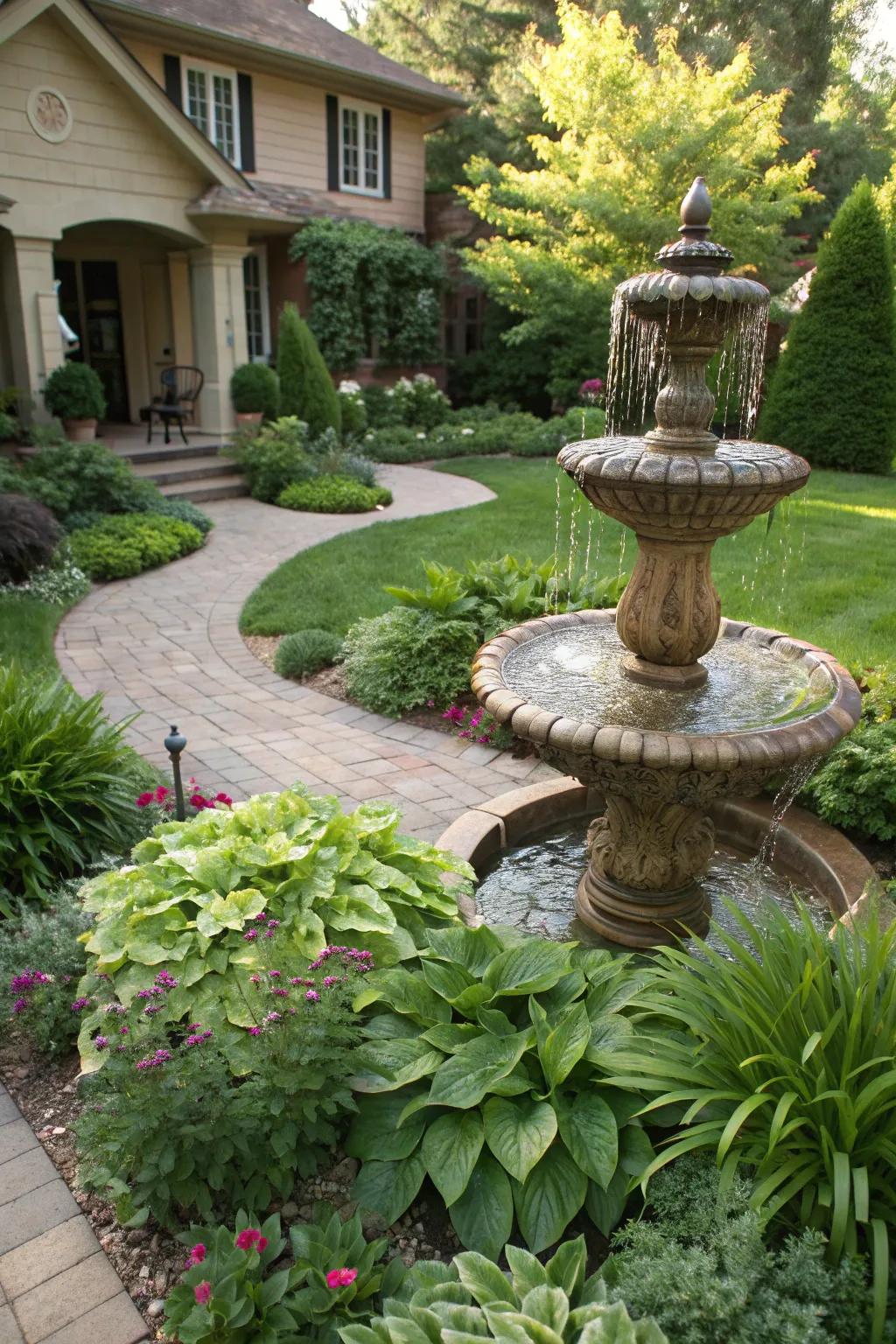 A water feature adds a peaceful element to the front yard.