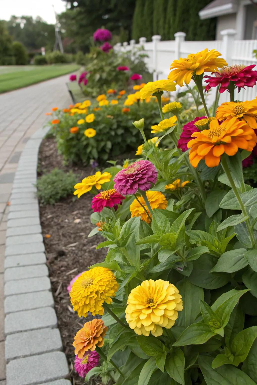 Bright Zinnias adding a pop of color to the front yard landscape.