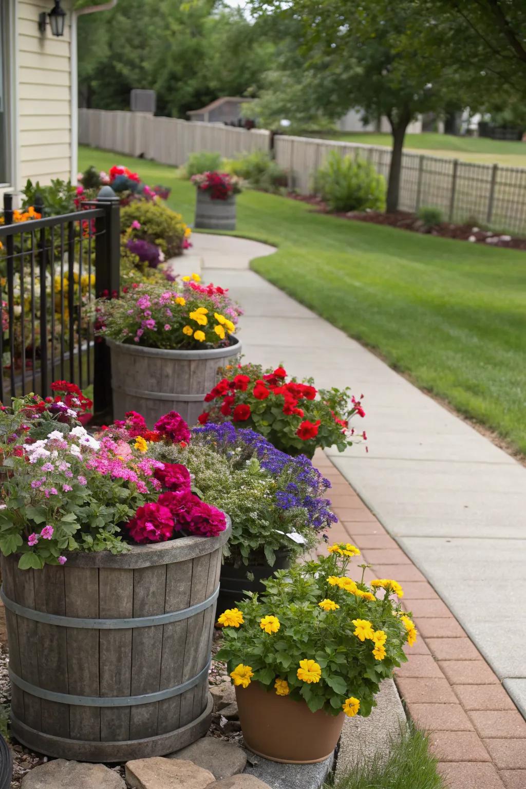 Container gardens offer flexibility and seasonal versatility.
