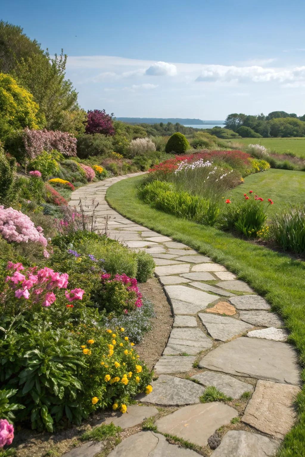 A classic flagstone path meandering through a colorful garden.