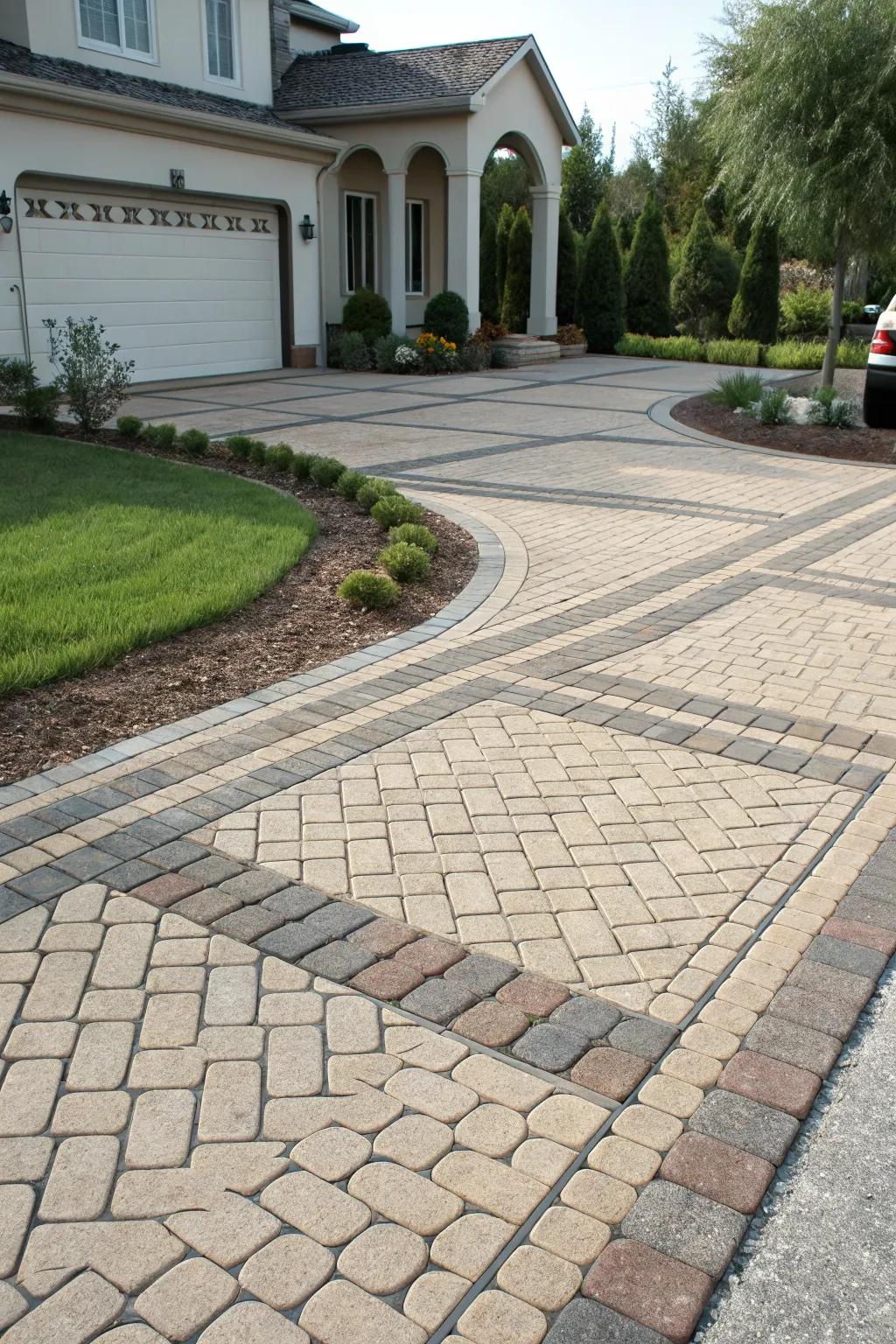 Driveway featuring artistic paver patterns.