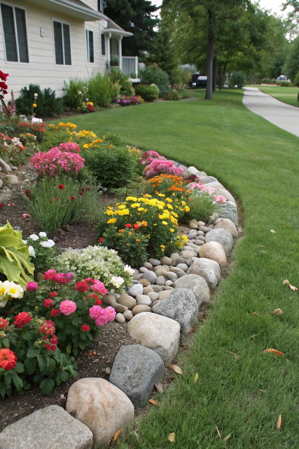 Fieldstone borders add an organic touch to your flower bed.