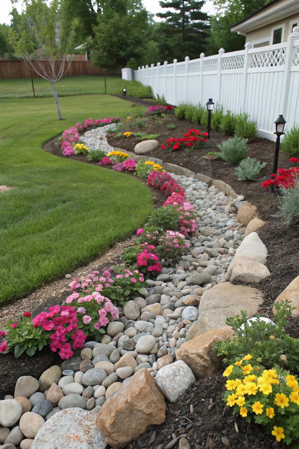Curving river rocks bring a playful touch to this front yard.