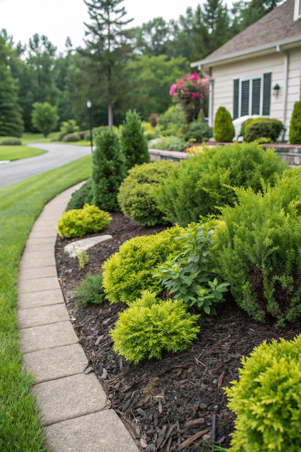 Evergreens provide lasting color and structure to mulch beds.