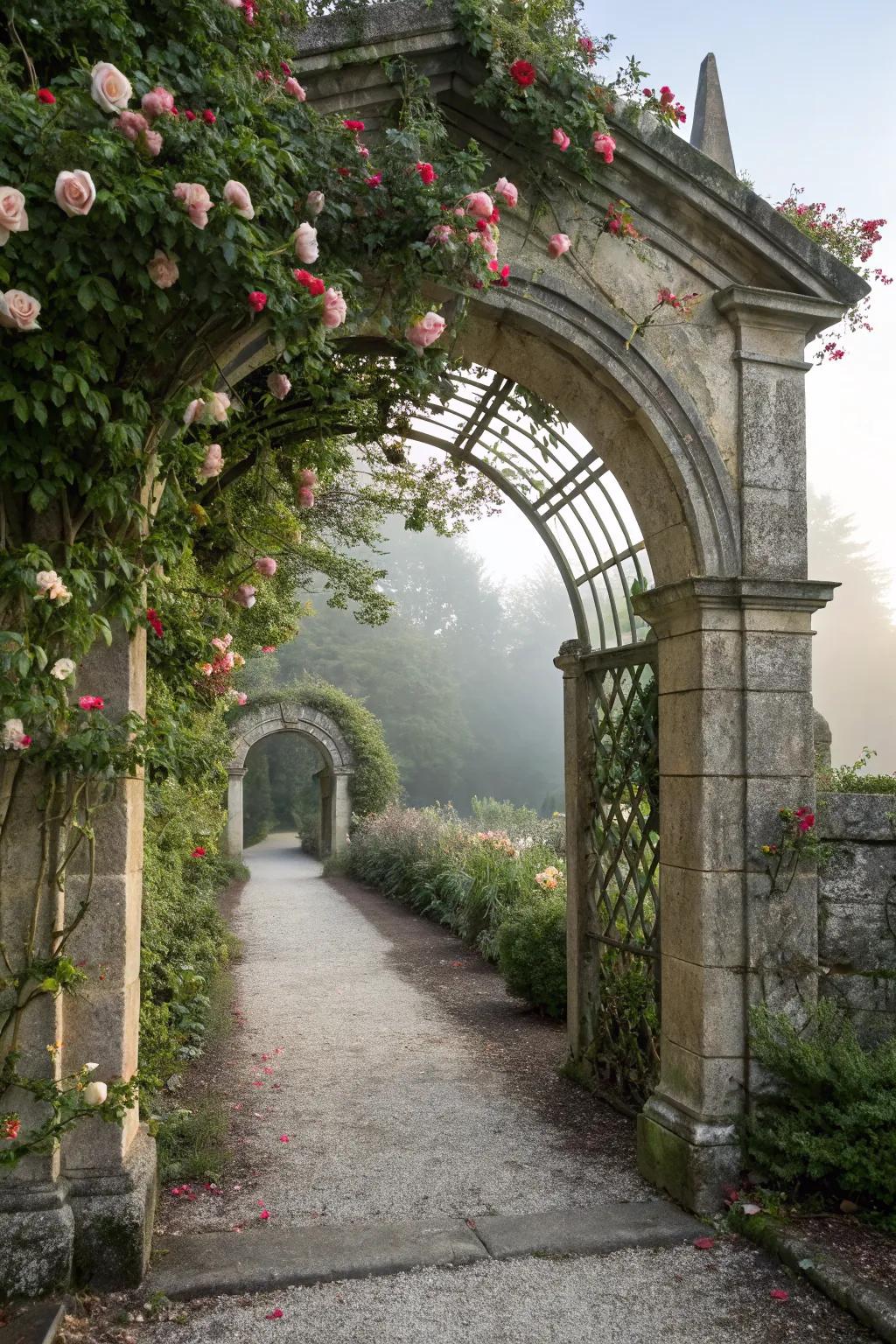 Enchanting archway over a pathway with climbing roses.