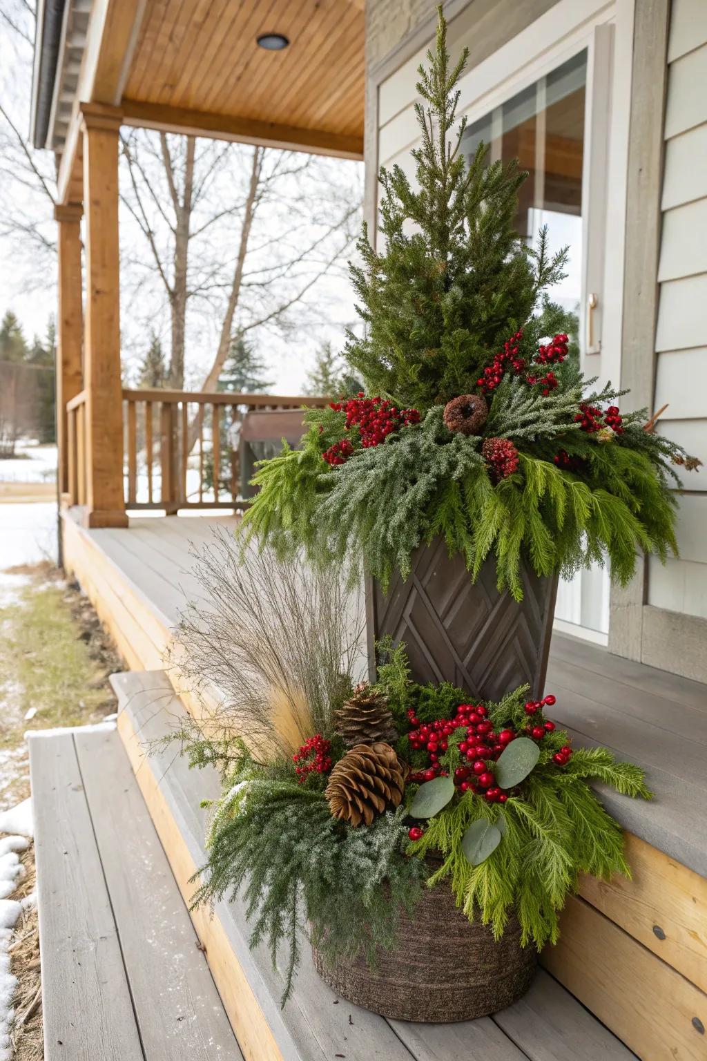Layered textures create depth and interest in holiday planters.