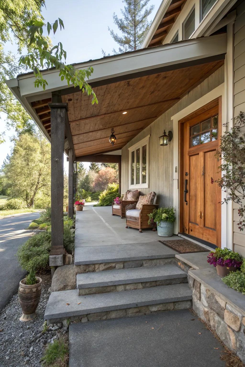 A front porch featuring a covered walkway leading to the driveway.