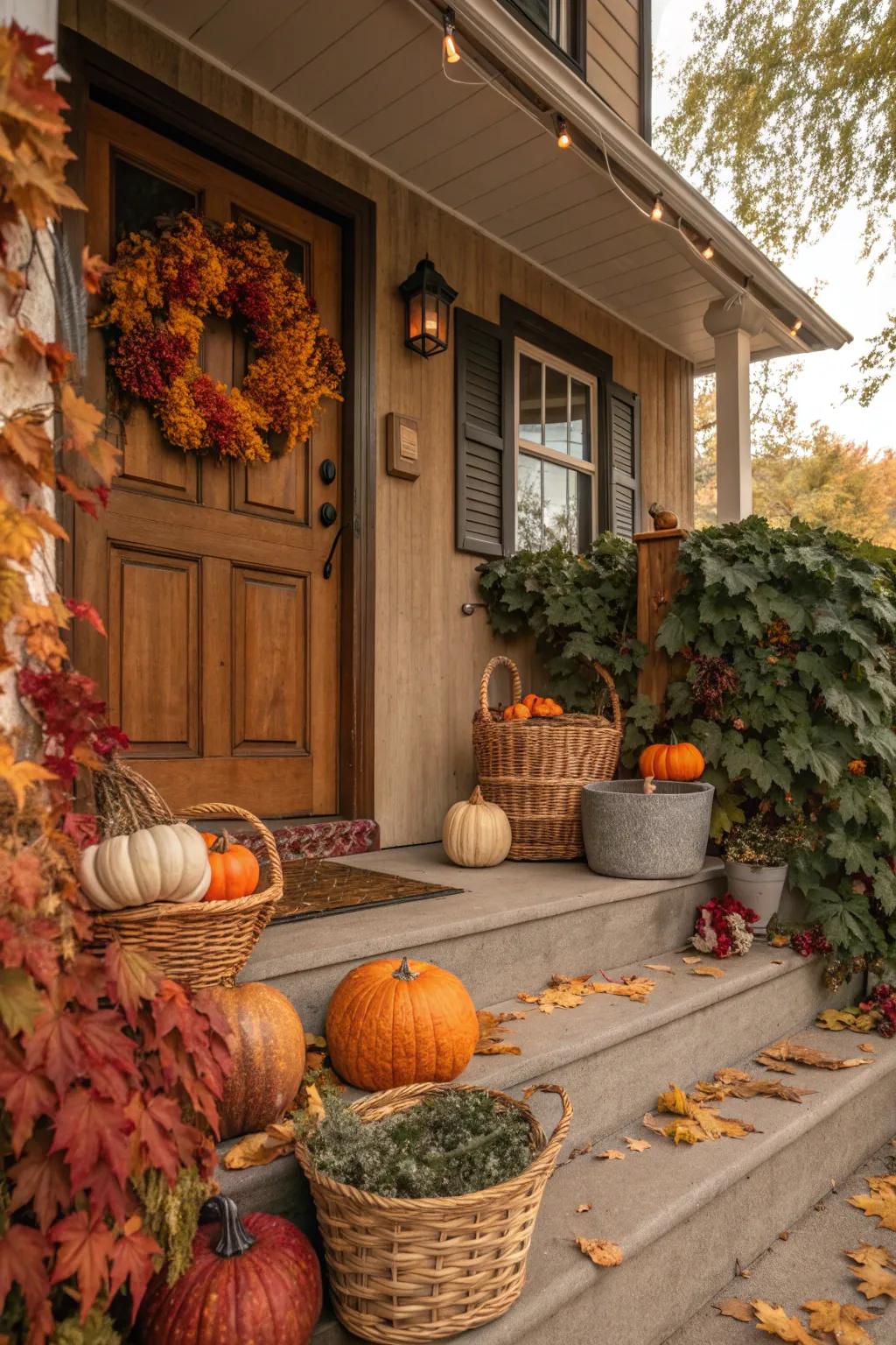 A cohesive color scheme bringing warmth to a fall porch.