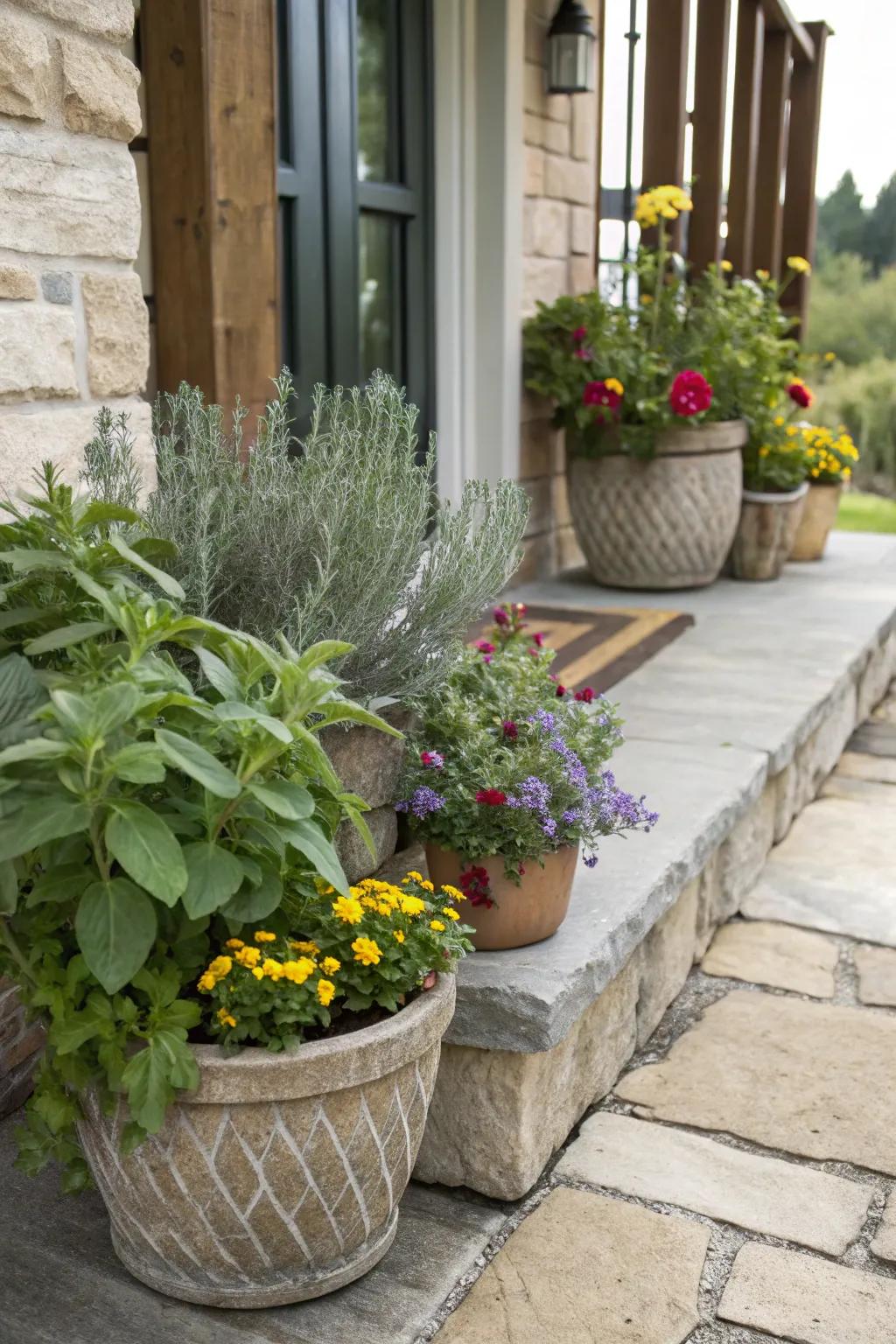 Herbs and blooms offer a fragrant and colorful display.