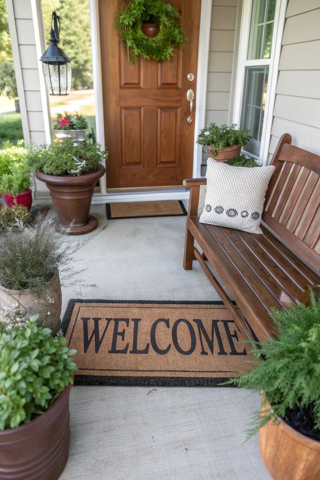 A custom doormat adds a personal touch.