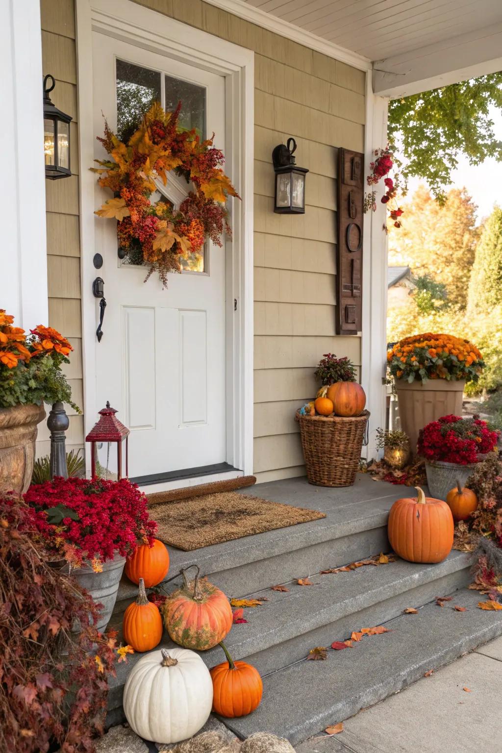 A front porch decked out with seasonal decor for a fresh look.